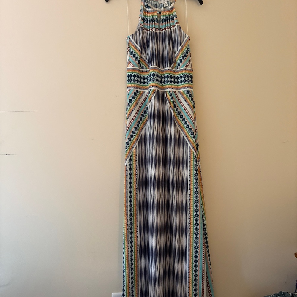 London Style Collection Multicolor Tribal Ikat Halter Maxi Dress Boho Resort 4